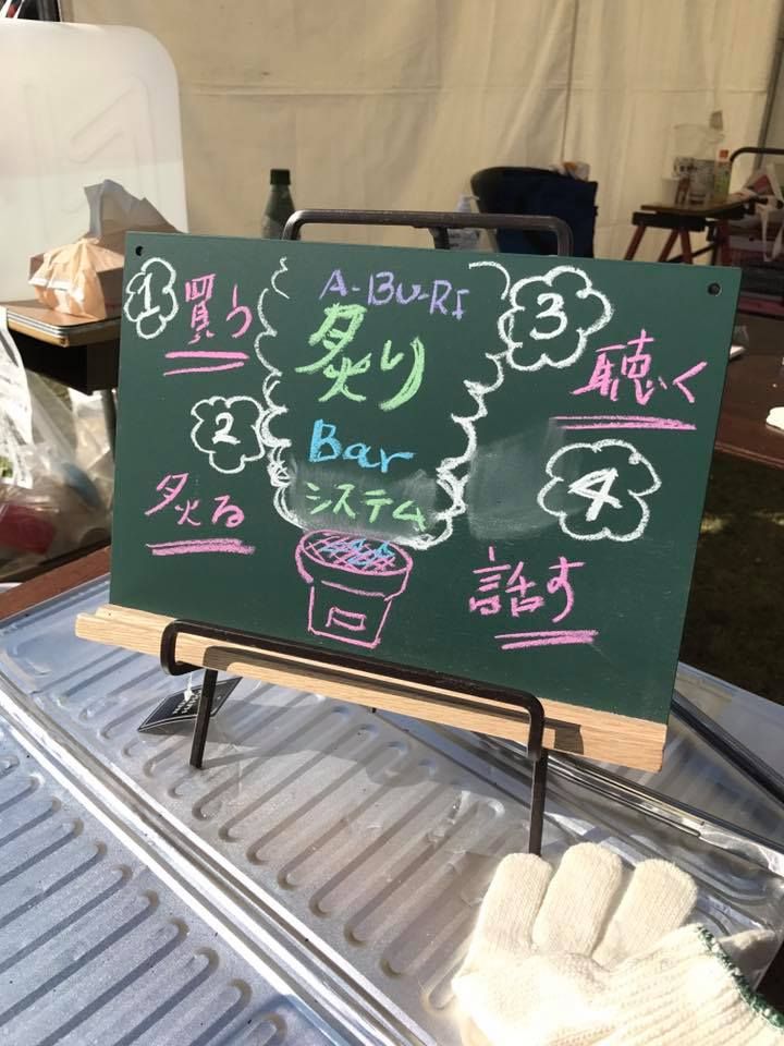 食べるプログラムの黒板メニュー。買う・炙る・聴く・話す